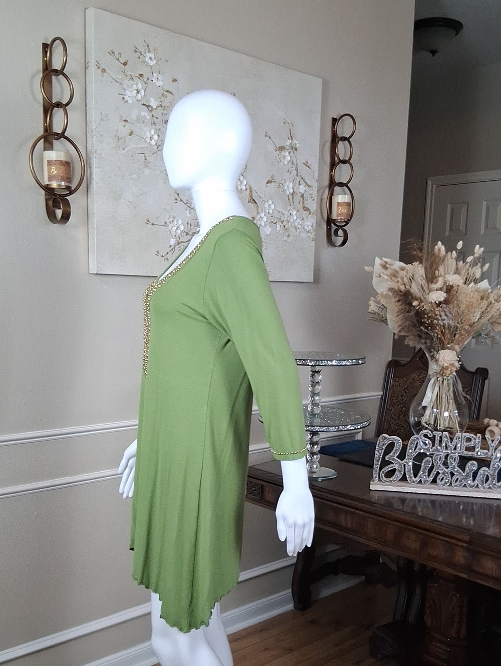 Women's Embellished Beaded Scoop Neck Tunic Summer Dress Olive Green Gold Medium - Picture 9 of 16